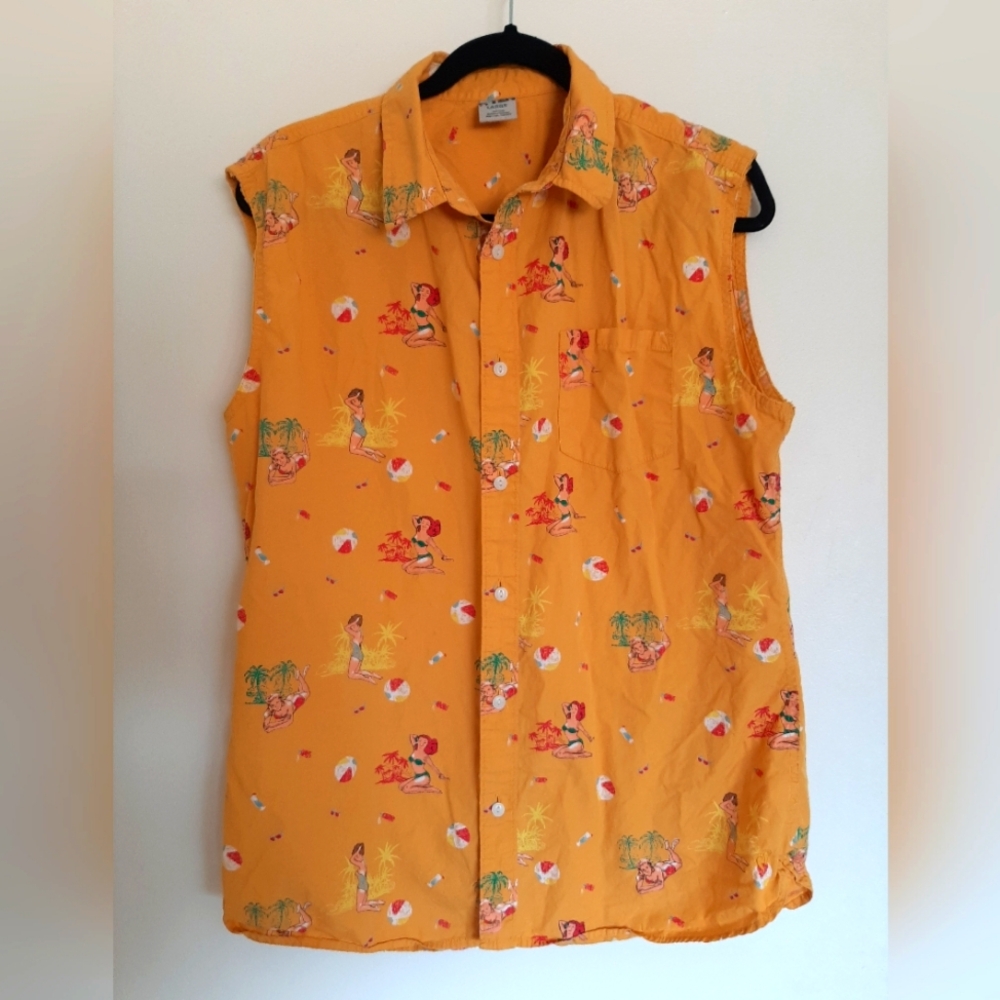 Sleeveless Collared Pin Up Design Shirt - Hang Ten - Large